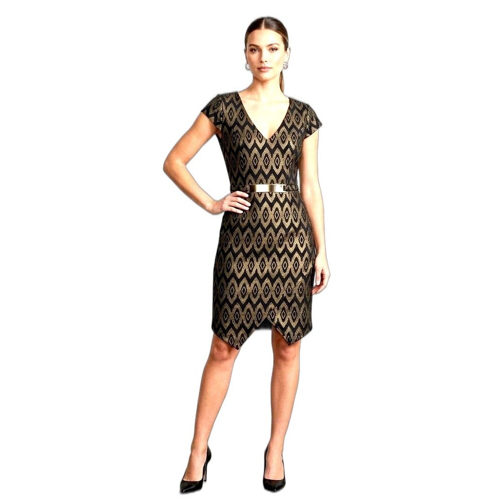 Gold & Black Geometric Metallic Dress with Belt - Size L Made USA Y2K NWT